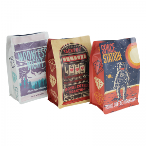 कॉफी/चाय पैकेजिंग के लिए वाल्व के साथ यूवी क्राफ्ट पेपर फ्लैट बॉटम कॉफी बैग