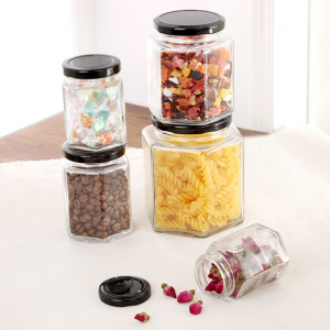 Hexagon Glass Honey Jar Jam Jar Food Packing With Metal Lid