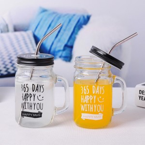 China Wholesale Square Oil Bottle Quotes Pricelist - Custom Logo Mason Cup 480ml Glass Wide Mouth Mason Jar With Handles Straws and Lids  – Yanru Glass