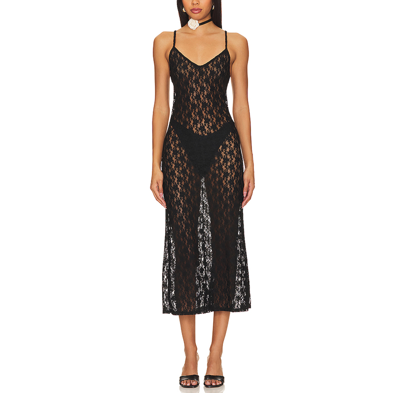 SS230737 Lightweight Lace V neck Perspecitivity Long Max dress