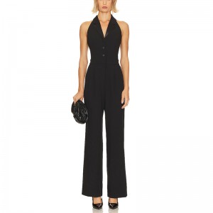 SS230740 Wool Blend Backless Lapel Neck Straight Pants Playsuit