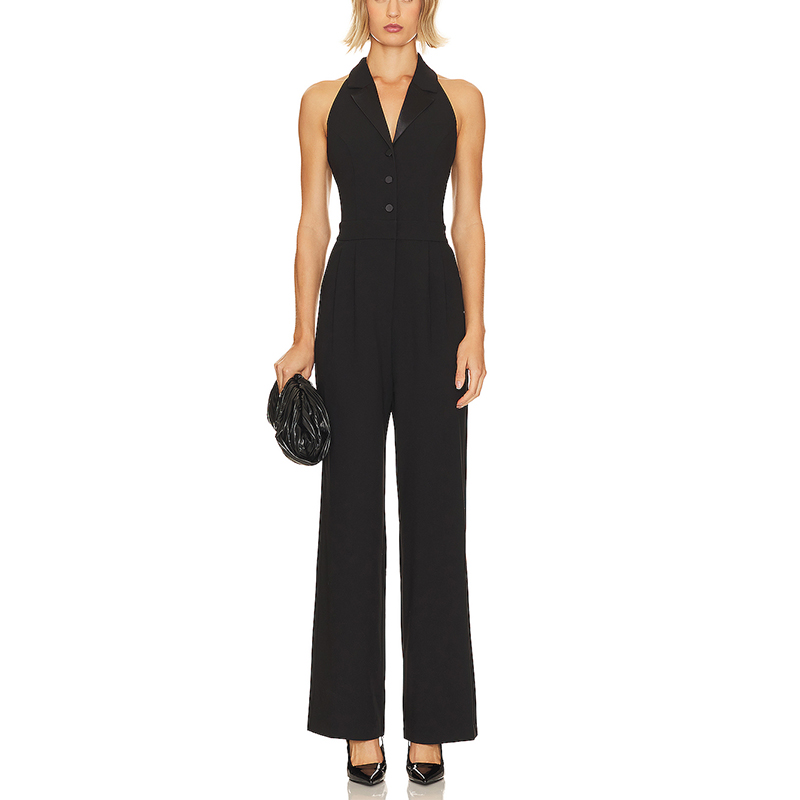 SS230740 Wool Blend Backless Lapel Neck Straight Pants Playsuit