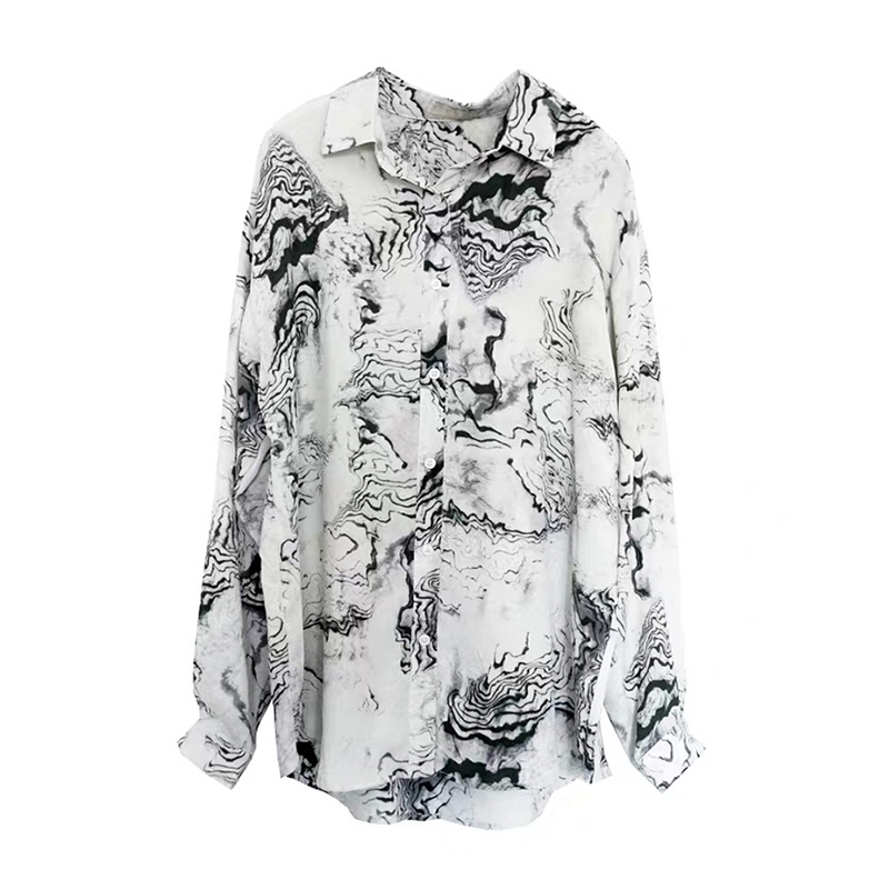 SS2305 Satin Silk ink digital print long sleeve womens blouse shirts  (3)