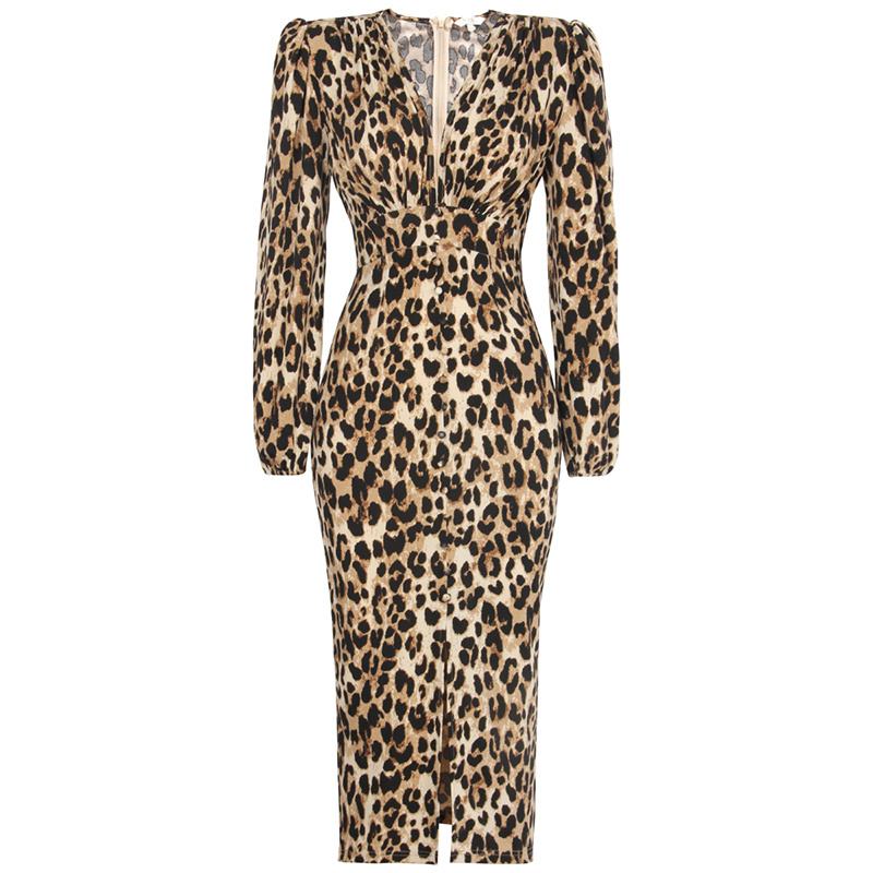 SS2312 Rayon V neck Wrap Skinny High Split Long Sleeve Leopard Digital midi dress  (1)