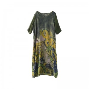 SS2378 Silk Cotton Placement Digital Printed mid Sleeve V neck Loose long Dress