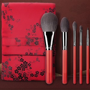 High quality 5pcs Red makeup brush set with makeup roll