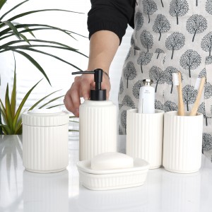 Manufacturer Bathroom Product Modern 5 Piece White Vertical Stripe Simple Ceramic Set Bath Accessories