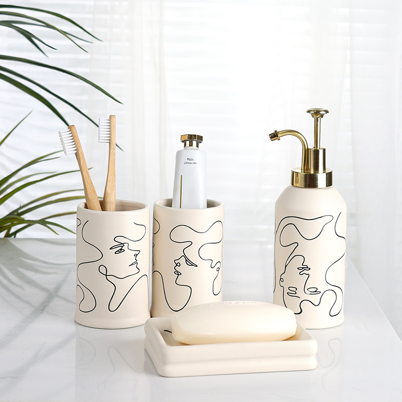 ODM High Quality Simple Lines Human Faces Ceramic Modern Bath Accessories Set