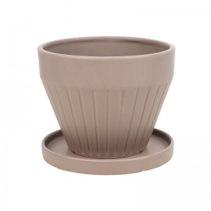 Manufacturer ODM Indoor Table Wide-mouth Design Ceramic Wide-Mouth Striped Planter with Tray