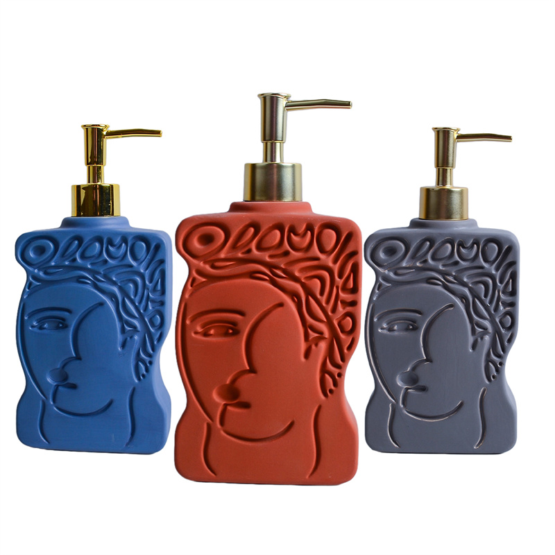 Free sample for 4 Piece Bathroom Set - Hand Soap Lotion Press Empty Bottle Container Face Design Ceramic Hotel Soap Dispenser – Yongsheng