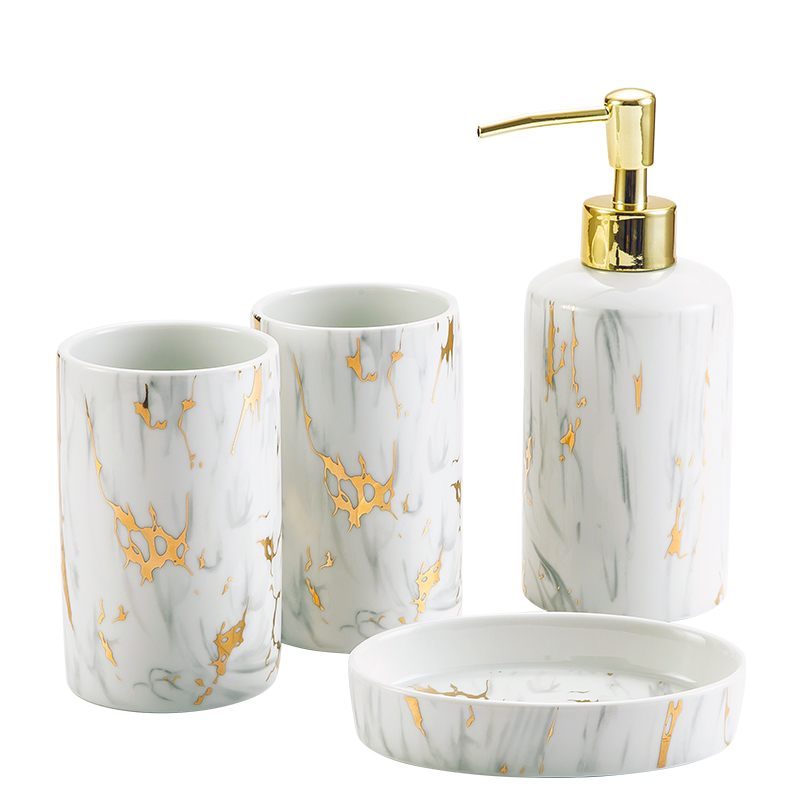 Bottom price Black Bathroom Sets - Gold Marble Decal Hotel Ceramic 4 Pcs Europe Simple Bathroom Accessories Set – Yongsheng