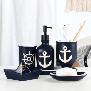 China Supplier Modern Anchor Rope Steering Wheel Design 5 Pieces Ceramic Bathroom Soap Dispenser Toothbrush Holder set