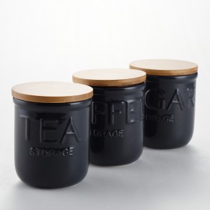 Hot Selling for Ceramic Chopstick Holder - Ceramic black 3pcs unique canister sets with wooden lid – Yongsheng