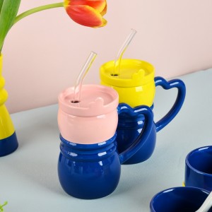 Factory Handmade Personalized Ceramic heart-shaped Handle Coffee Mug Stylishly Designed Straw Tumbler