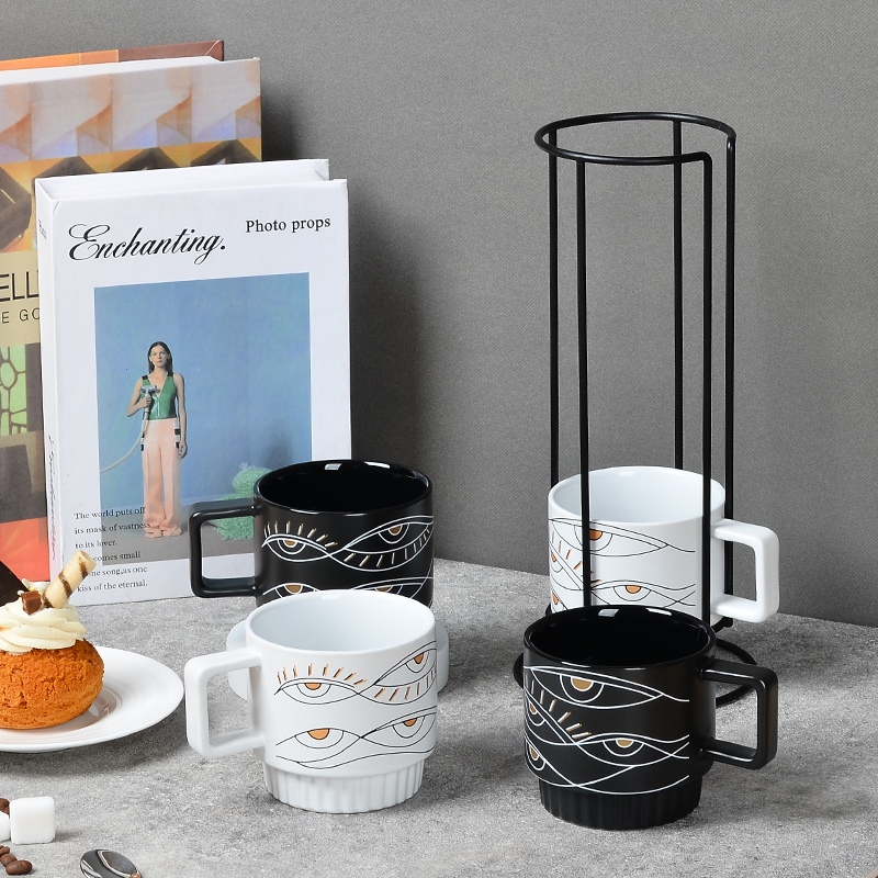 Manufacturer New Eye Design Custom Logo Creative Ceramic Stacking Coffee Mugs Cup Set Of 4