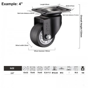YTOP factory 2 inch black fixed furniture pu caster wheels