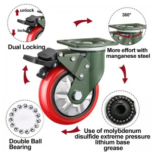 YTOP црвено Индустриска опрема Тешки железни PU тркалца со јадро