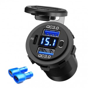 12V USB Outlet Dual 18W Quick Charge 3.0 Port & 20W PD 12V dual USB C Car Charger Socket with Voltmeter and button Switch