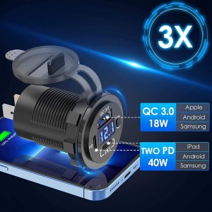12V USB Outlet Dual 18W Quick Charge 3.0 Port & 20W PD 12V dual USB C Car Charger Socket with Voltmeter and button Switch