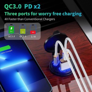 3 Ports Car Charger Socket Dual 45W PD Type C & 18W QC 3.0 and Button Switch