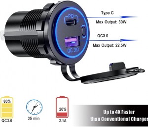 DC 12V Blue light QC3.0 Type C PD car charger for car Boat Motorcycle