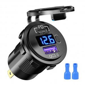 12V Type C PD 48W QC3.0 Voltmeter ON / OFF Switch Fast Charging USB Car Charger For Car Boat Truck