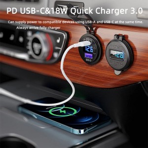 12V Type C PD 48W QC3.0 Voltmeter ON / OFF Switch Fast Charging USB Car Charger For Car Boat Truck