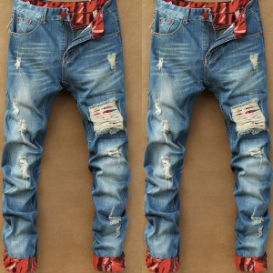 High quality washed jeans men’s fashion retro ripped jeans straight loose trousers
