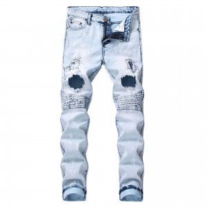 Men’s Light Jeans Embroidered Shredded Slim Pants