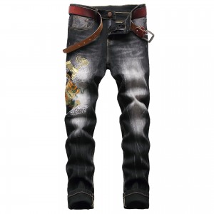 Stretch embroidered personality fashion small straight street denim men’s trousers