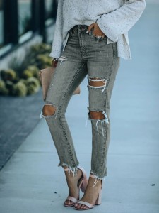 New design custom destroyed denim Jeans womens ripped skinny lady jeans