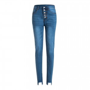 New European and American Slim High Waist 5 Buttons Elastic Ladies Jeans with Ripped Holes