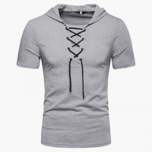 Men’s casual sports tethered short-sleeved top summer loose breathable mesh hooded T-shirt