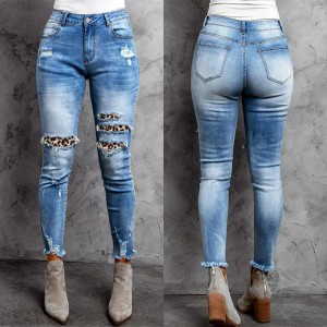 New fashion ladies jeans elastic ripped leopard print patch slim-fit denim trousers mid-waist washed jeans women