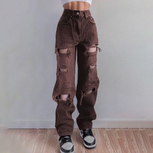 High Quality Ladies Ripped Jeans Fashion Casual Ladies Straight Loose Jeans