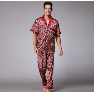Man short sleeve top dragon strip printed pajamas with side pockets