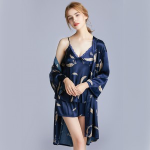 3 Pieces Feather Silky Sexy Cami Sleepwear Nightwear with Robe and Shorts