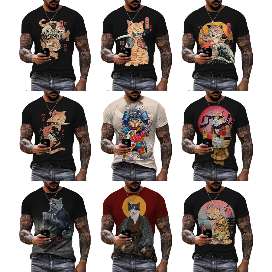 Japanese Samurai Cat 3D Printed Shirt for Men Digital Printing Shirt for Men's Custom Unisex Over Print OEM and ODM T-shirts