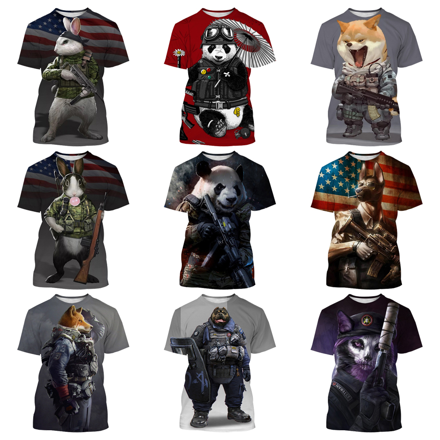 Animal Soldier 3D Digital Printing Shirt for Men's and Kid's Fashion Unisex Cute Animals Custom All Over Print OEM and ODM Tops