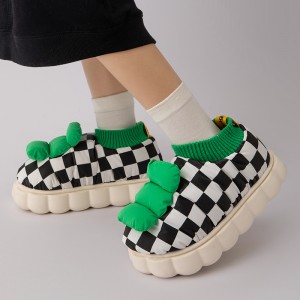 Cotton mop women’s winter home thick feet step on the bottom of the shit feeling outside wear shoes plaid bag with cotton men