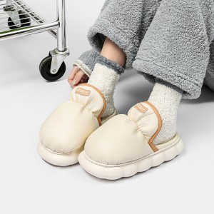 Warm cotton slippers women’s winter PU leather thick bottom stepping on sense waterproof anti-slip indoor home couple fleece men autumn and winter