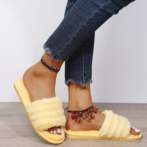 Autumn and winter open cotton slippers women’s striped plush soft bottom home non-slip word slippers