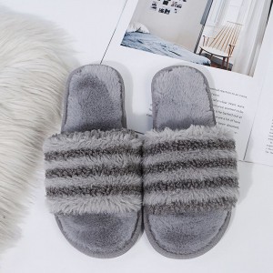 Autumn and winter open cotton slippers women’s striped plush soft bottom home non-slip word slippers