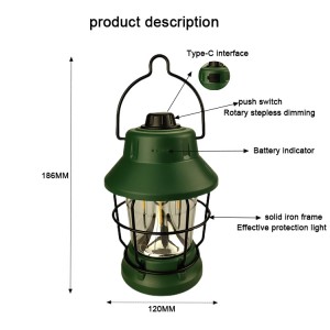Rechargeable Vintage Camping Lantern With Hanging Hook Outdoor Tent Retro Lantern