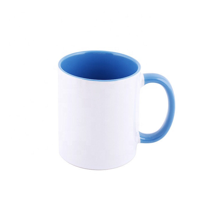Wholesale 11oz White Blue Inner Color With Handle Souvenir White Ceramics Porcelain Sublimation Mark Mug Coffee Mug