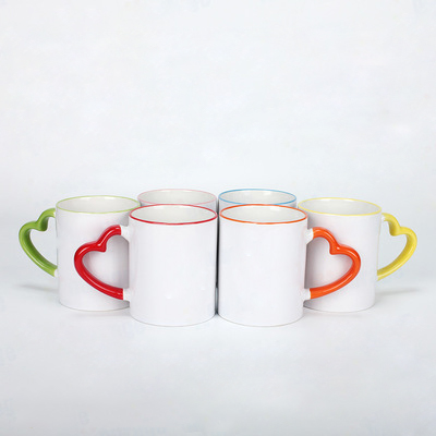 Wholesale Sublimation Ceramic Blank 11oz Coffee Mug color rim heart handle  White Coated