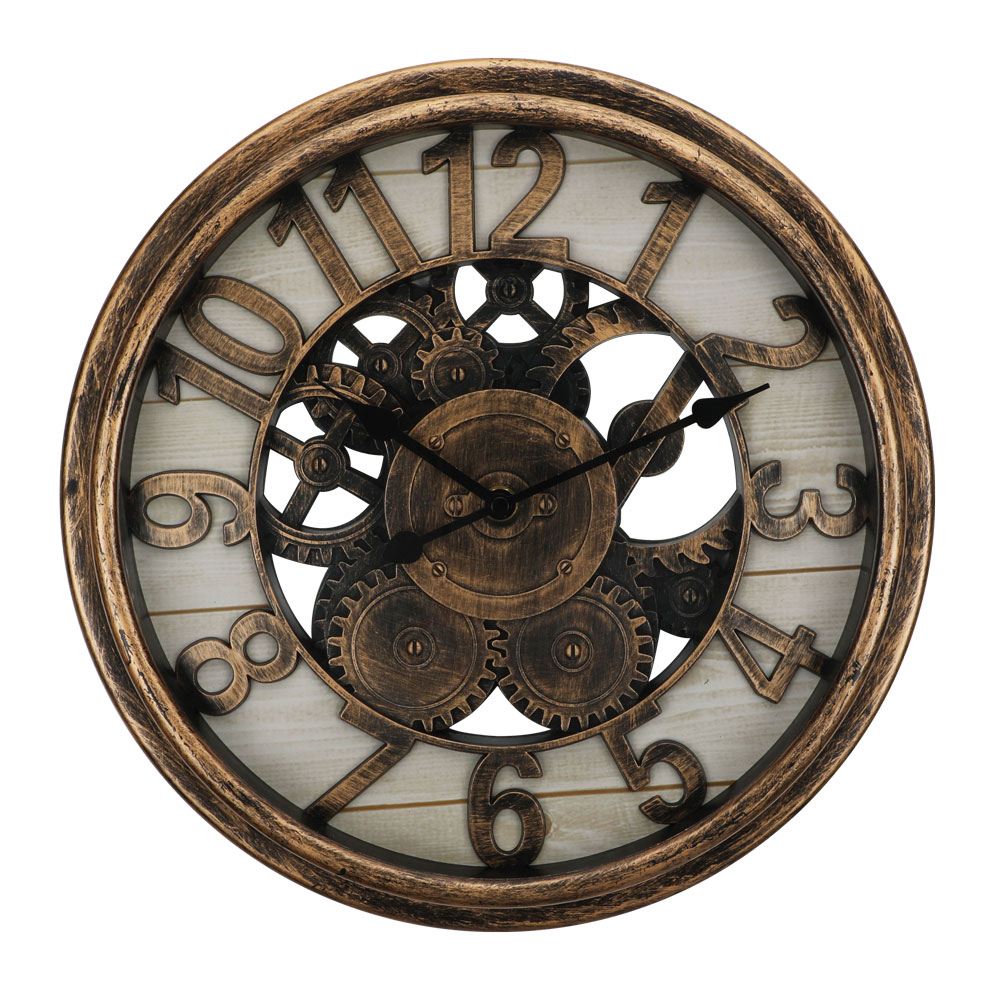 13.5 Inch round distressed classical plastic big Retro clock with gear