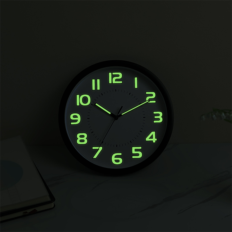 Modern Design Night Light Quartz Wall Clock With Second Hand, 9.75 Inch Glow in The Dark Round plastic Wall Clock