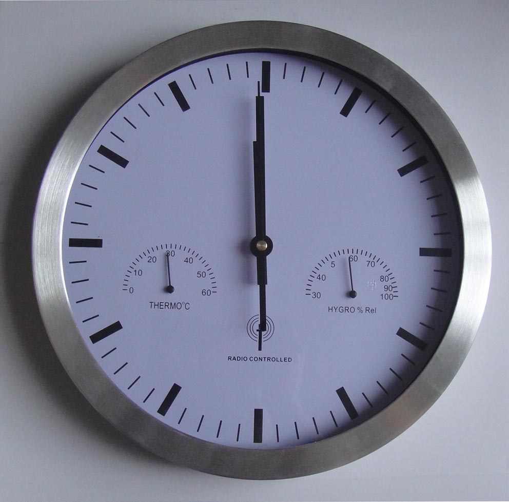 12 Inch round aluminum Radio controlled weather station wall clock