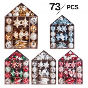 Daudzkrāsainu īpašas formas plastmasas Ziemassvētku bumbiņu ar rokām apgleznotu koku bumbiņu komplekts ar mājas formas kastīti